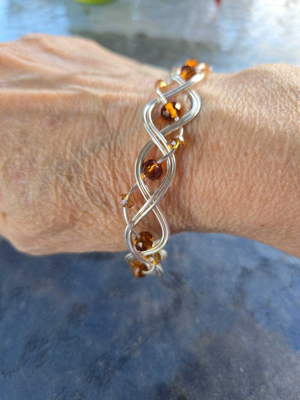 Hand Crafted Wire Braided Bangle Bracelet Amber 9.5” - Picture 4 of 15